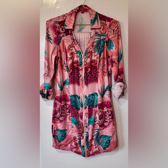 Guess|Y2K Pink & Teal Miami Tropical Print Long Sleeve Gold Zip Mini Dress Sz XS - Picture 2 of 7